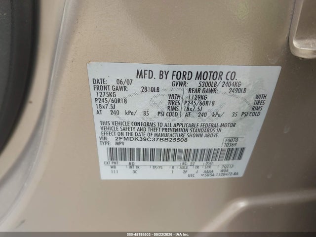 Aukcja sprzedaży 2007 Ford Edge Sel Plus, vin: 2FMDK39C37BB25508, numer aukcji: 45198503