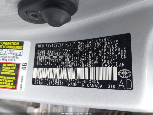 2T1BURHE7FC408852 Toyota COROLLA LE