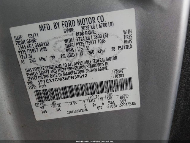 2011 Ford F-150 Xlt მანქანა იყიდება აუქციონზე, vin: 1FTEX1CM3BFB39612, აუქციონის ნომერი: 45198512