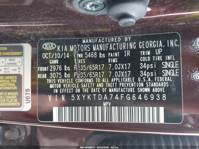 2015 Kia Sorento Lx V6 მანქანა იყიდება აუქციონზე, vin: 5XYKTDA74FG646938, აუქციონის ნომერი: 45198517