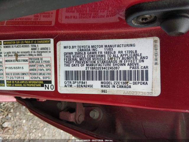 45198520 :رقم المزاد ، 2T1BR32E94C245397 vin ، 2004 Toyota Corolla Ce مزاد بيع