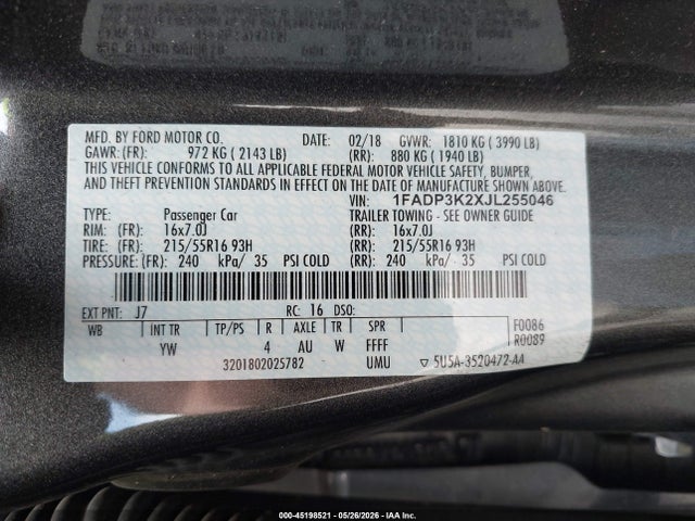 45198521 :رقم المزاد ، 1FADP3K2XJL255046 vin ، 2018 Ford Focus Se مزاد بيع