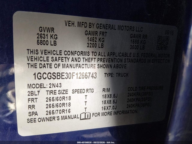 Продаж на аукціоні авто 2015 Chevrolet Colorado Lt, vin: 1GCGSBE30F1266743, номер лоту: 45198530