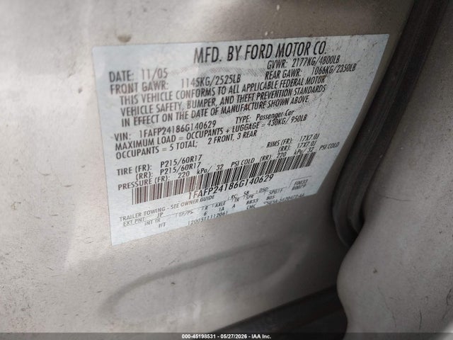 Продаж на аукціоні авто 2006 Ford Five Hundred Sel, vin: 1FAFP24186G140629, номер лоту: 45198531