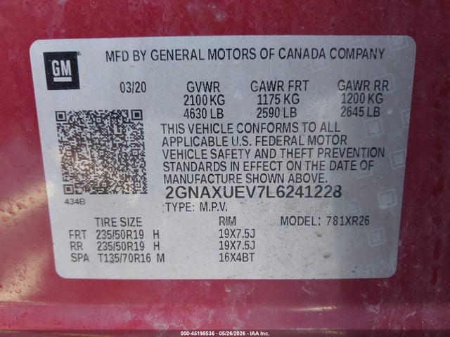45198536 :رقم المزاد ، 2GNAXUEV7L6241228 vin ، 2020 Chevrolet Equinox Awd Lt 1.5l Turbo مزاد بيع