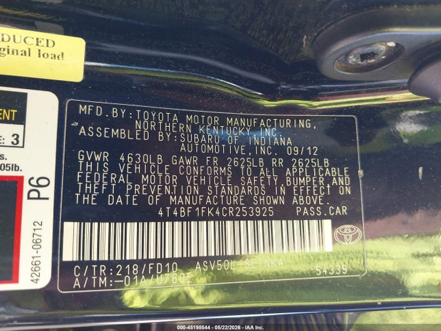 45198544 :رقم المزاد ، 4T4BF1FK4CR253925 vin ، 2012 Toyota Camry Le مزاد بيع