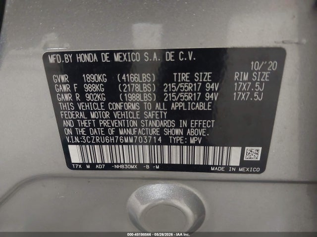2021 Honda Hr-v Awd Ex-l მანქანა იყიდება აუქციონზე, vin: 3CZRU6H76MM703714, აუქციონის ნომერი: 45198566