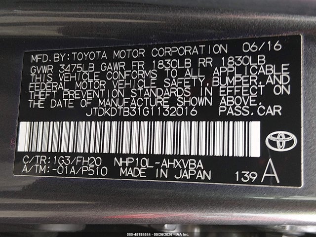 JTDKDTB31G1132016 Toyota Prius C One