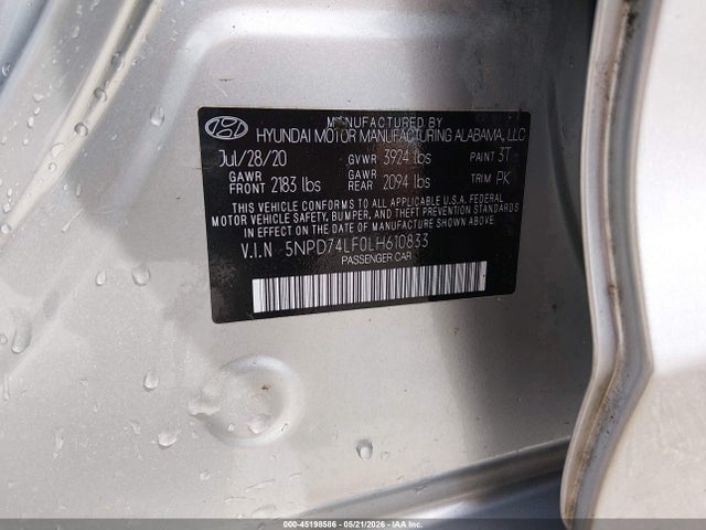 Продажа на аукционе авто 2020 Hyundai Elantra Se, vin: 5NPD74LF0LH610833, номер лота: 45198586