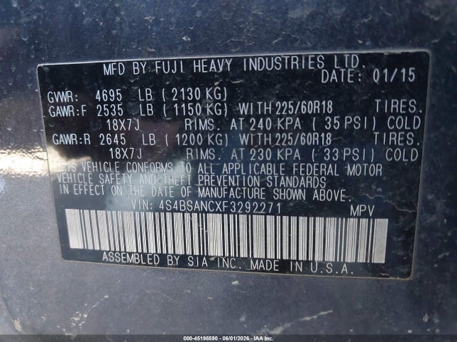 Subaru Outback 2.5i Limited 2015 4S4BSANCXF3292271 Image 9