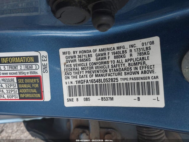 2008 Honda Civic Lx მანქანა იყიდება აუქციონზე, vin: 1HGFA16548L052825, აუქციონის ნომერი: 45198601
