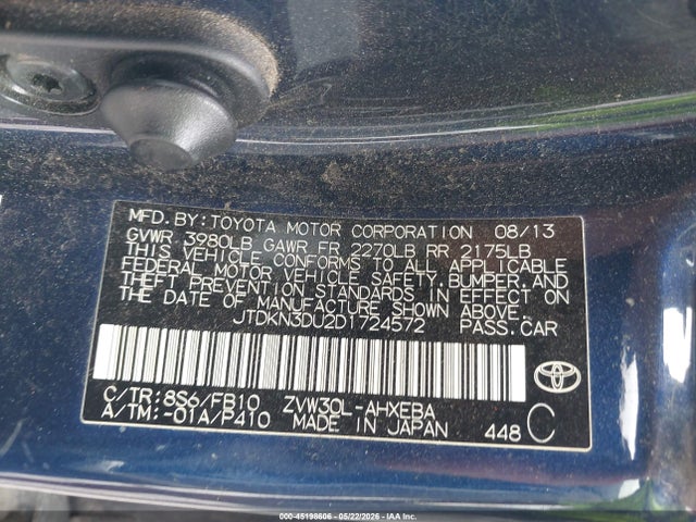 45198606 :رقم المزاد ، JTDKN3DU2D1724572 vin ، 2013 Toyota Prius Three مزاد بيع