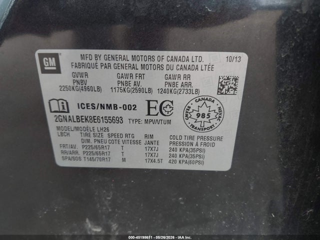 Aukcja sprzedaży 2014 Chevrolet Equinox 1lt, vin: 2GNALBEK8E6155693, numer aukcji: 45198611
