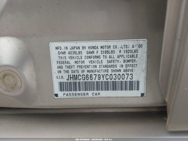 Aukcja sprzedaży 2000 Honda Accord 2.3 Ex, vin: JHMCG6679YC030073, numer aukcji: 45198645
