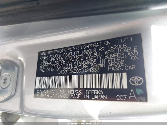 Aukcja sprzedaży 2012 Toyota Yaris, vin: JTDBT4K30CL024333, numer aukcji: 45198646