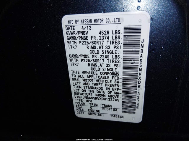 Aukcja sprzedaży 2013 Nissan Rogue Sv, vin: JN8AS5MVXDW133745, numer aukcji: 45198657