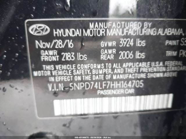 5NPD74LF7HH164705 Hyundai ELANTRA SE