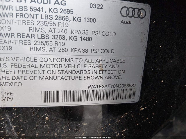 Aukcja sprzedaży 2022 Audi Q5 Premium Plus 55 Tfsi E S Line Quattro S Tronic, vin: WA1E2AFY0N2088587, numer aukcji: 45198677