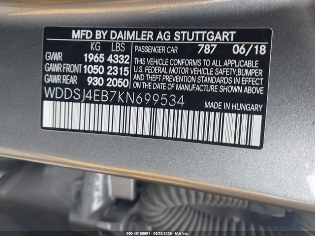 Aukcja sprzedaży 2019 Mercedes-benz Cla 250, vin: WDDSJ4EB7KN699534, numer aukcji: 45198681