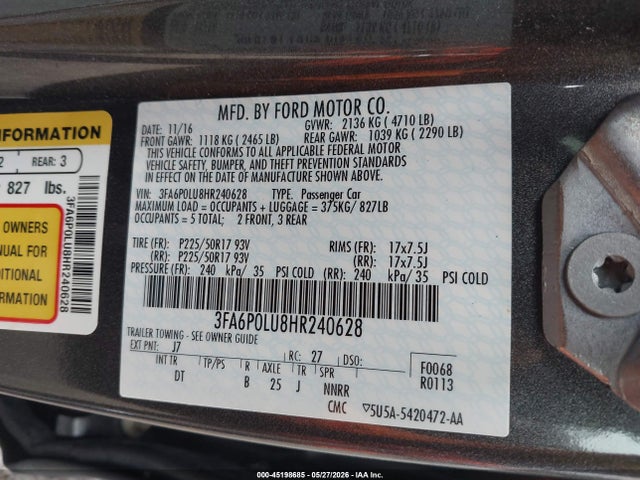 Продаж на аукціоні авто 2017 Ford Fusion Hybrid Se, vin: 3FA6P0LU8HR240628, номер лоту: 45198685