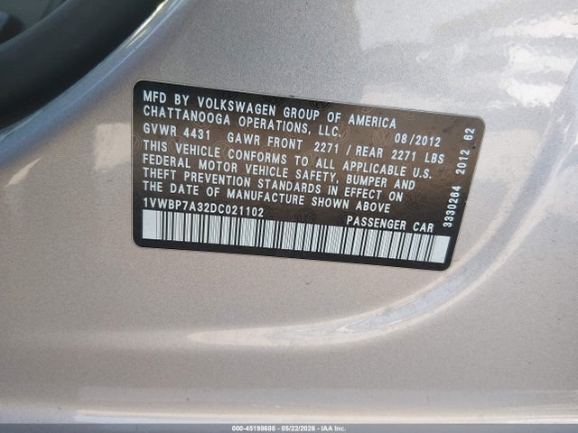 2013 Volkswagen Passat 2.5l Se მანქანა იყიდება აუქციონზე, vin: 1VWBP7A32DC021102, აუქციონის ნომერი: 45198688