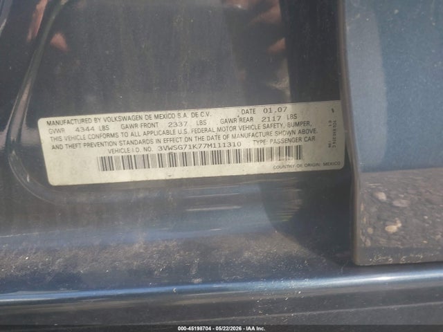 45198704 :رقم المزاد ، 3VWSG71K77M111310 vin ، 2007 Volkswagen Jetta 2.5 مزاد بيع