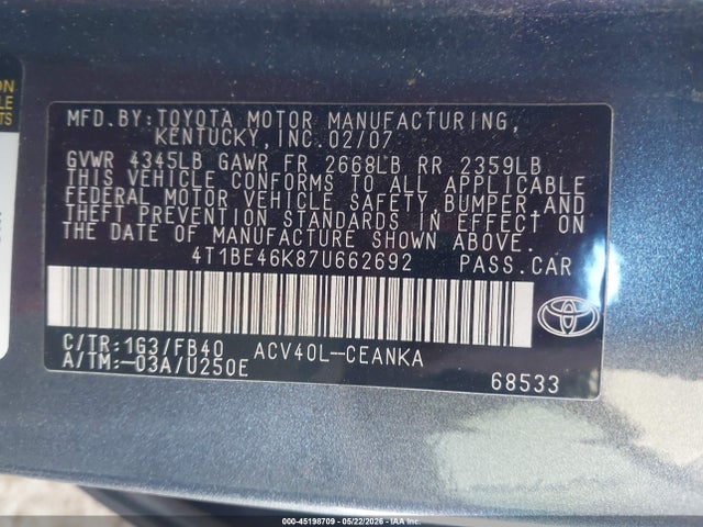 Aukcja sprzedaży 2007 Toyota Camry Le, vin: 4T1BE46K87U662692, numer aukcji: 45198709