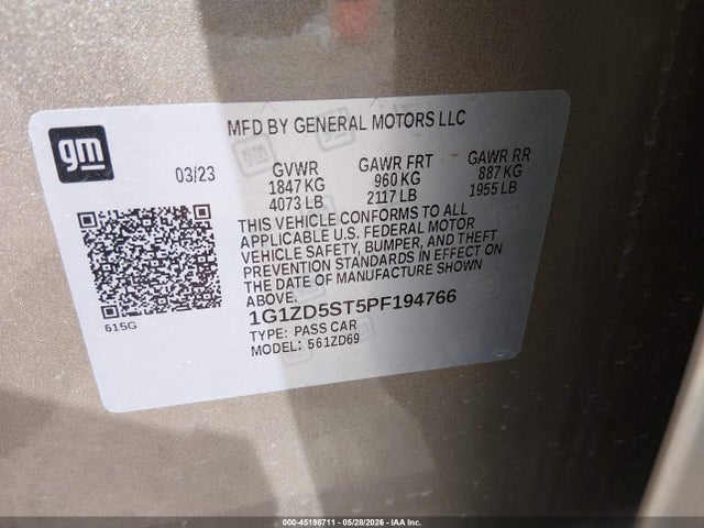 2023 Chevrolet Malibu Fwd 1lt მანქანა იყიდება აუქციონზე, vin: 1G1ZD5ST5PF194766, აუქციონის ნომერი: 45198711
