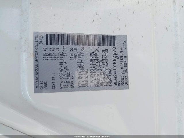 Nissan Pathfinder Sl 2015 5N1AR2MN1FC662670 Image 9