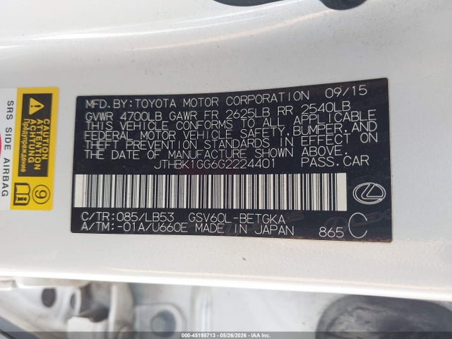 Aukcja sprzedaży 2016 Lexus Es 350, vin: JTHBK1GG6G2224401, numer aukcji: 45198713