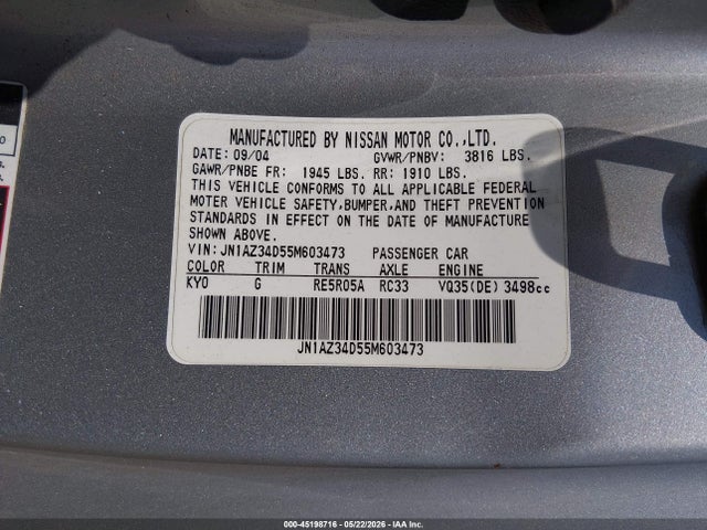Aukcja sprzedaży 2005 Nissan 350z Enthusiast, vin: JN1AZ34D55M603473, numer aukcji: 45198716