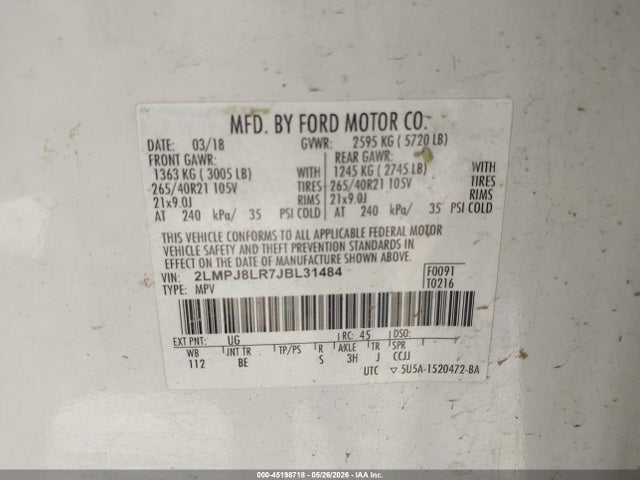 45198718 :رقم المزاد ، 2LMPJ8LR7JBL31484 vin ، 2018 Lincoln Mkx Reserve مزاد بيع