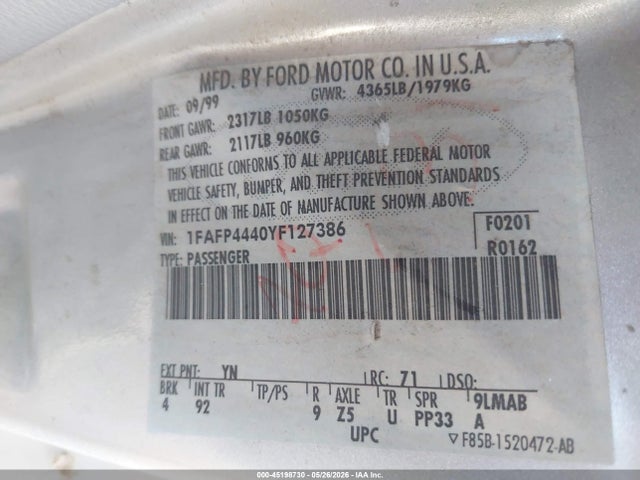 Aukcja sprzedaży 2000 Ford Mustang, vin: 1FAFP4440YF127386, numer aukcji: 45198730