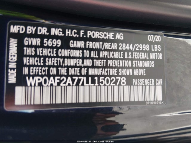 45198747 :رقم المزاد ، WP0AF2A77LL150278 vin ، 2020 Porsche Panamera Turbo مزاد بيع