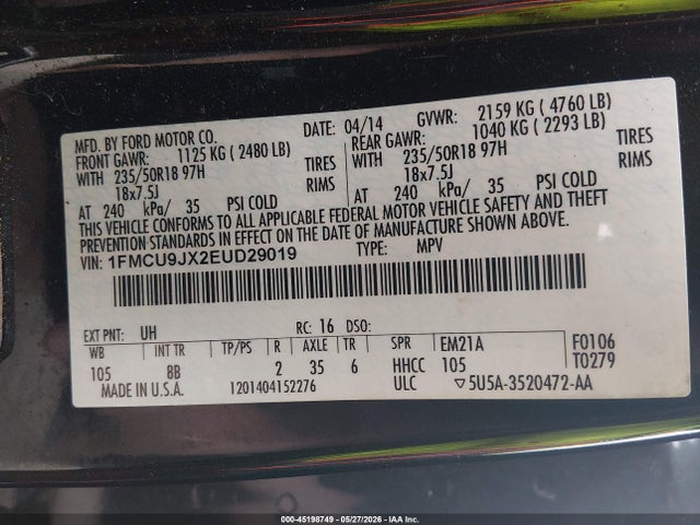 2014 Ford Escape Titanium მანქანა იყიდება აუქციონზე, vin: 1FMCU9JX2EUD29019, აუქციონის ნომერი: 45198749