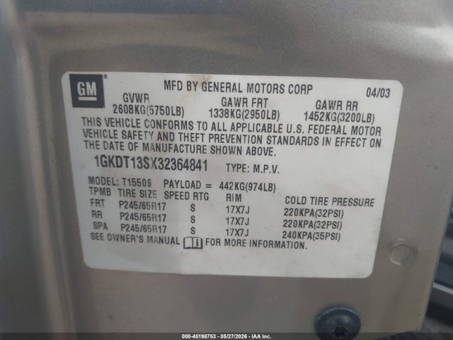 Продажа на аукционе авто 2003 Gmc Envoy Slt, vin: 1GKDT13SX32364841, номер лота: 45198753