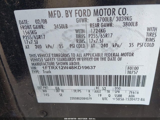 Продажа на аукционе авто 2008 Ford F-150 Fx2/stx/xl/xlt, vin: 1FTRX12W48KD19637, номер лота: 45198759