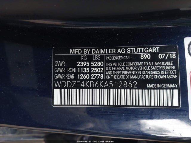 45198760 :رقم المزاد ، WDDZF4KB6KA512862 vin ، 2019 Mercedes-benz E 300 4matic مزاد بيع