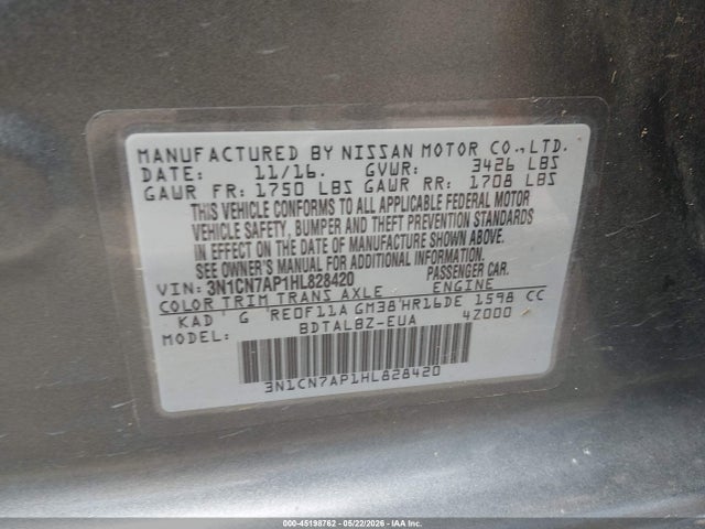 Продажа на аукционе авто 2017 Nissan Versa 1.6 Sv, vin: 3N1CN7AP1HL828420, номер лота: 45198762
