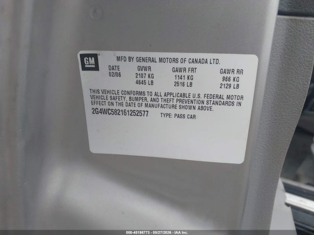 Aukcja sprzedaży 2006 Buick Lacrosse Cx, vin: 2G4WC582161252577, numer aukcji: 45198773