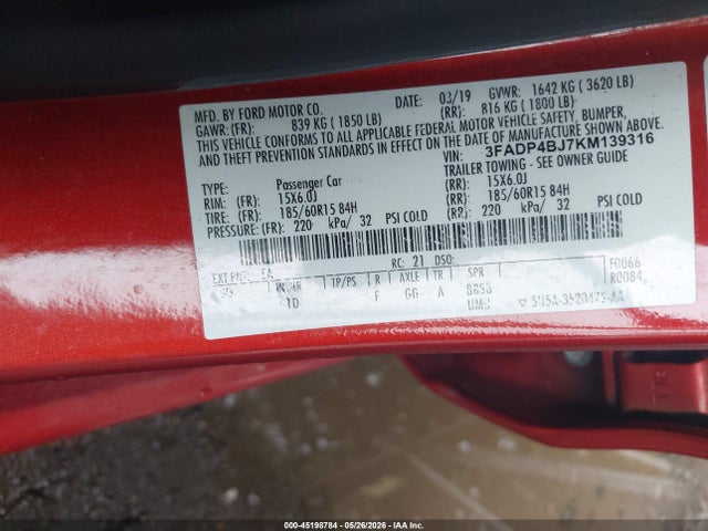 45198784 :رقم المزاد ، 3FADP4BJ7KM139316 vin ، 2019 Ford Fiesta Se مزاد بيع