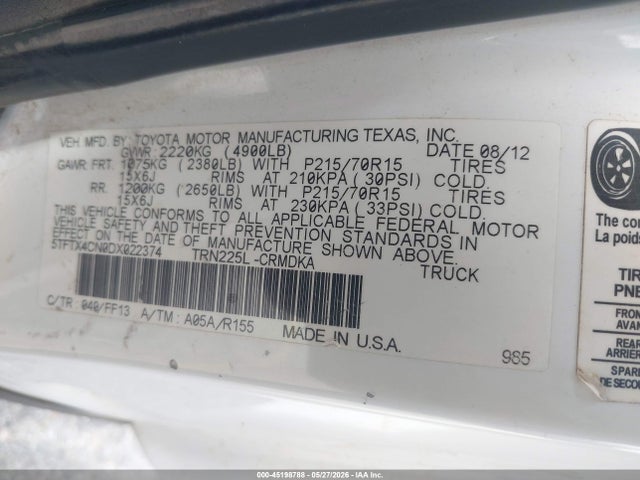 2013 Toyota Tacoma მანქანა იყიდება აუქციონზე, vin: 5TFTX4CN0DX022374, აუქციონის ნომერი: 45198788