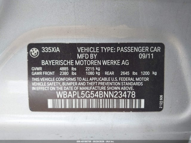 45198789 :رقم المزاد ، WBAPL5G54BNN23478 vin ، 2011 Bmw 335i Xdrive مزاد بيع