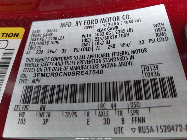 45198822 :رقم المزاد ، 3FMCR9CN0SRE47540 vin ، 2025 Ford Bronco Sport Outer Banks مزاد بيع