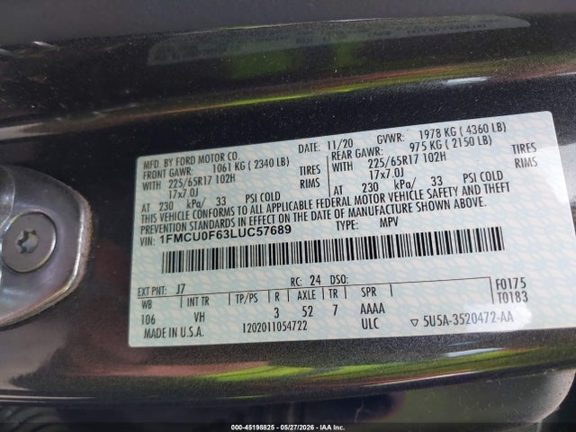 45198825 :رقم المزاد ، 1FMCU0F63LUC57689 vin ، 2020 Ford Escape S مزاد بيع