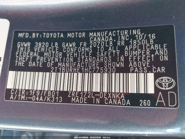 2017 Toyota Corolla Le მანქანა იყიდება აუქციონზე, vin: 2T1BURHE1HC775930, აუქციონის ნომერი: 45198826