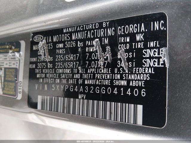 2016 Kia Sorento 2.4l Lx მანქანა იყიდება აუქციონზე, vin: 5XYPG4A32GG041406, აუქციონის ნომერი: 45198830
