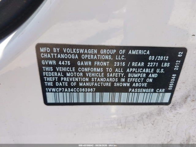 Продажа на аукционе авто 2012 Volkswagen Passat 2.5l Sel, vin: 1VWCP7A34CC063967, номер лота: 45198842