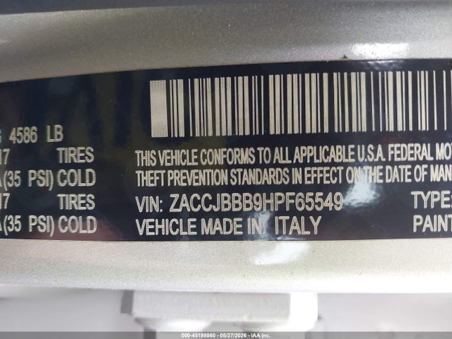 2017 Jeep Renegade Latitude 4x4 მანქანა იყიდება აუქციონზე, vin: ZACCJBBB9HPF65549, აუქციონის ნომერი: 45198860