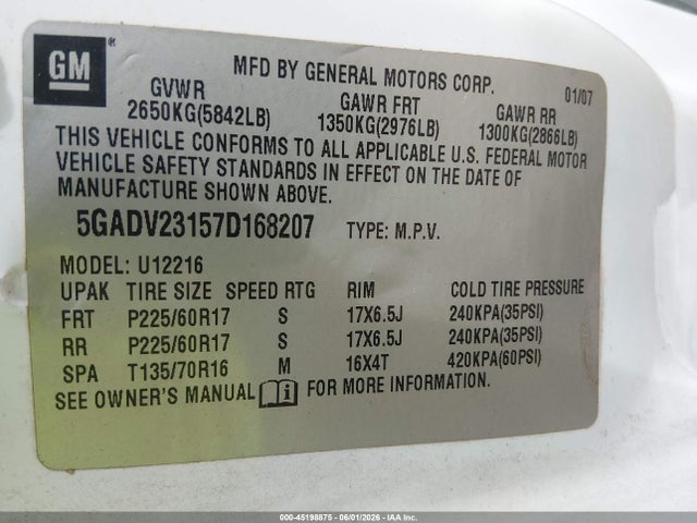 Продажа на аукционе авто 2007 Buick Terraza Cx Plus, vin: 5GADV23157D168207, номер лота: 45198875